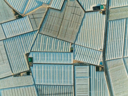 Masses of shimmering plastic greenhouses near El Ejido, aerial view, drone shot, Almería province,