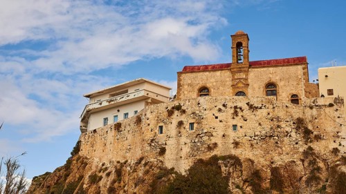 High wall, church, red roof, white outbuilding, Chrissoskalitissa, rock monastery, Orthodox
