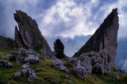 Malga-Alm below the Geisler peaks, Puez-Odle nature Park, Seceda, Val Gardena, Trentino, South