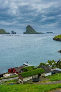 Bour village with many grasstop roofs, Vagar, Faroe islands, Denmark, Europe