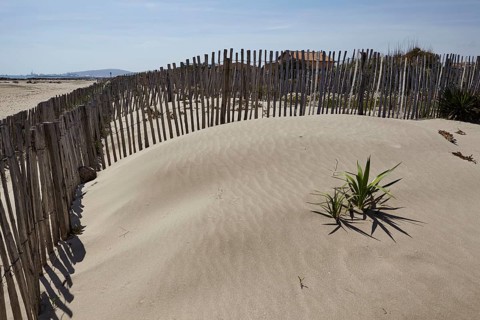 Protective fence to prevent erosion on the beach at Frontignan, Hérault, Occitania, France, Europe