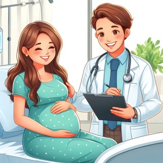 Pregnant woman consults with doctor in a chamber. AI generated