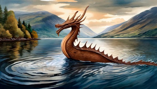 Mythology, the mythical creature Nessie, the Loch Ness monster, in Loch Ness in Scotland, AI