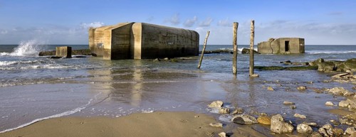World War II concrete blockhouses on beach at Wissant, Nord-Pas de Calais, France, Europe