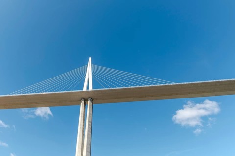 Millau viaduct, cable-stayed bridge over Tarn valley. The highest road bridge in the world. A75
