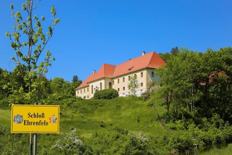 Ehrenfels Castle, Ehrenfels Castle sign, writing, letters, former summer residence of the abbots of