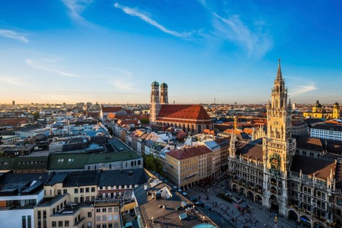 Aerial view of Munich, Marienplatz, Neues Rathaus and Frauenkirche from St. Peter's church on