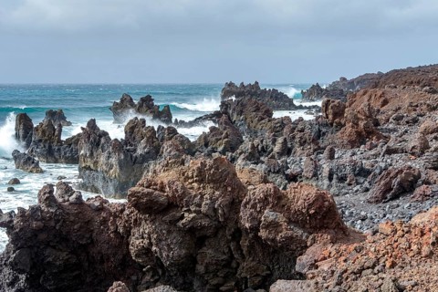 Lava rocks in the sea, surf, near Los Hervideros, Lanzarote, Canary Islands, Spain, Europe