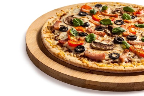 Ham pizza with (capsicum), mushrooms, olives and basil leaves isolated on white