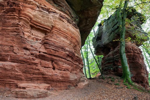 Old castle rock, red sandstone rock formation, natural and cultural monument, Brechenberg near