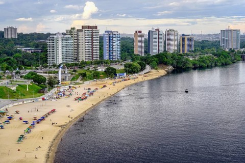 Punta Negra Beach in front of Manaus skyline, Amazonia State, Brazil, South America