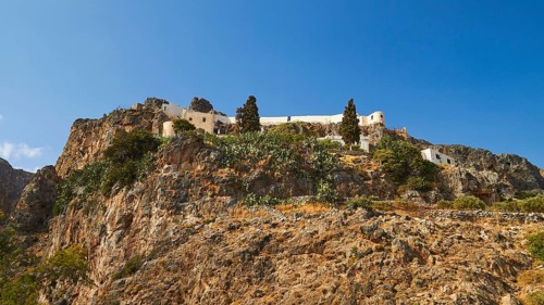 View from below, rock monastery, trees, Kapsa, Orthodox monastery, East Crete, South coast,
