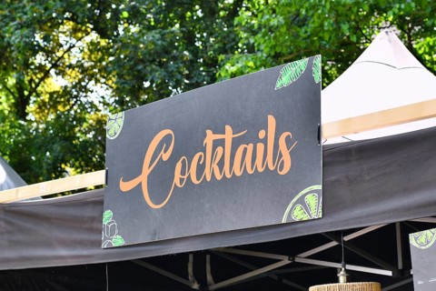 Neckargemund, Germany, May 2023: Sign saying 'Cocktails' on street food truck, Europe