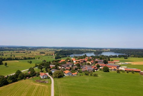 Drone shot, Abtsdorfer See with village Abtsdorf, Rupertiwinkel, Upper Bavaria, Bavaria, Germany,