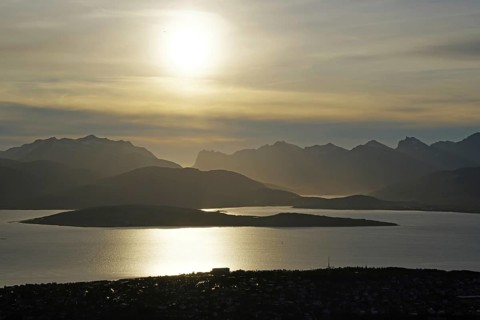 View from Fjellheisen over part of Tromsö and mountains, Troms og Finnmark, Norway, Europe