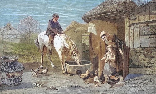 The Farm Gate, Farmer's wife with two children and many animals on a farm, 1869, France, Historic,