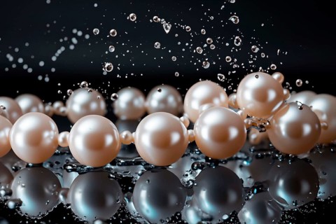 Pearl necklace in the water with splashes, drops and reflections, AI generated