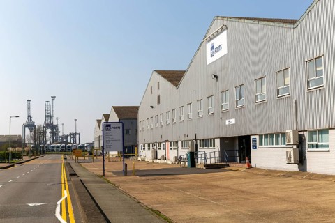 PD Ports shipping freight warehouse, Port of Felixstowe, Suffolk, England, UK