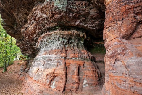 Old castle rock, red sandstone rock formation, natural and cultural monument, Brechenberg near