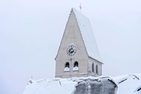 Bell tower, St Martin's parish church, late Middle Ages, snowed in, fresh snow, heavy snowfall,