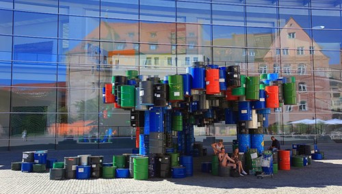In the historic centre of Nuremberg, art with barrels in front of the Neues Museum Nuremberg, State
