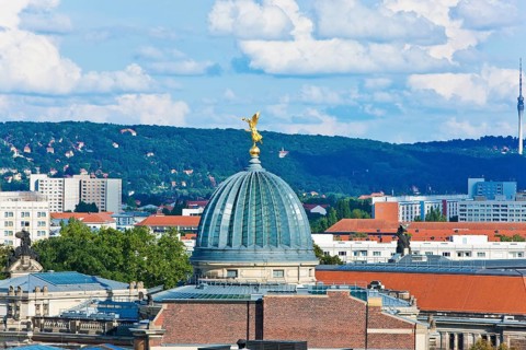 View from the Hausmannsturm tower to the east of Dresden, in the foreground the glass dome with the