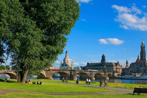 Dresden Silhouette View from Neustätter Elbufer to Dresden Old Town