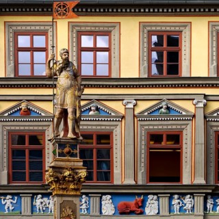 The statue Romans in front of the Haus zum Roten Ochsen, a very beautiful Renaissance building,