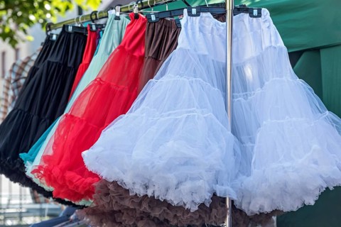 Petticoats in various colours, fashionable 1950s nylon petticoats with ruffles and lace, flea
