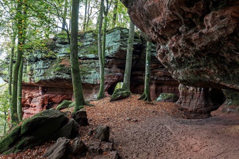 Old castle rock, red sandstone rock formation, natural and cultural monument, Brechenberg near