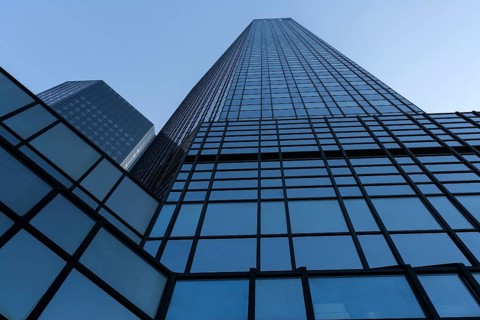 Glass façade of Deutsche Bank, banking district, Westend, Frankfurt am Main, Hesse, Germany, Europe