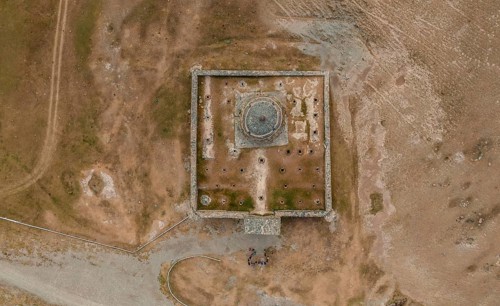 Aerial view, looking down on the caravanserai of Tash Rabat from the 15th century, Naryn region,