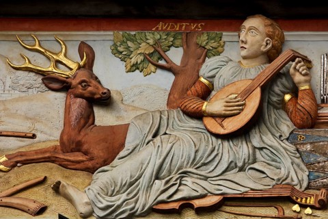 Relief Auditus, Hearing Sense, Splendid Facade Decoration on the House to the Broad Hearth, Detail,
