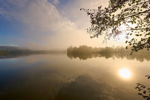 Lake, reflection, sky, clouds, fog, sunrise, autumn, Freudenberg, Odenwald, Baden-Württemberg,