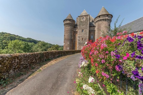 Bousquet castle from the 14th century, classified as a historical monument. Montpeyroux, Aveyron,