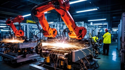 AI generated automotive assembly line in car manufacturing progression with automated machines