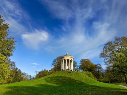 English Garden with Monopteros in autumn, dynamic cloud structure, Munich, Bavaria, Germany, Europe