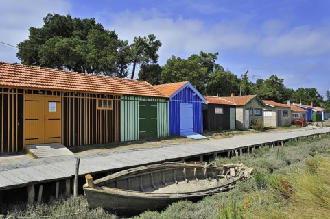 Colourful cabins of oyster farm at la Baudissière near Dolus, Saint-Pierre-d'Oléron on the island