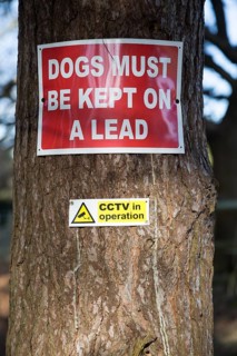 Dogs must be kept on a lead CCTV in operations signs on a tree, Suffolk, England, Uk