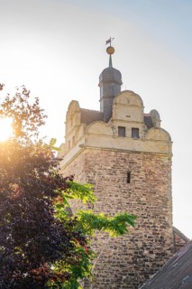 Stone castle tower in bright morning light with a weather vane and treetops in the foreground, Harz