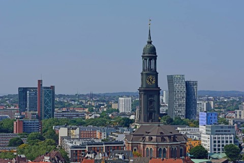 Europe, Germany, Hamburg, City, View from above of St Michael's Church and Dancing Towers, St