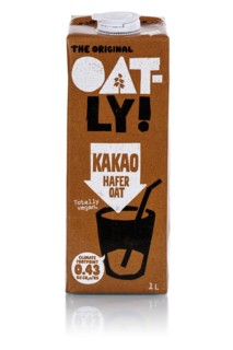 Oatly variety cocoa vegan oat milk cropped against a white background