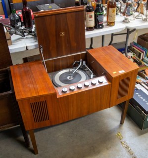 Old vintage HMV record plater wooden cabinet on sale ay auction, UK