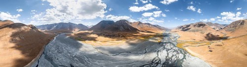 Aerial view, Burkhan mountain valley with meandering river, barren dramatic mountain landscape,