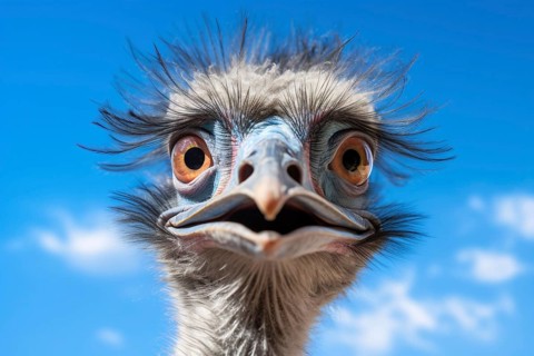 Funny head of emu bird in front of blue sky. KI generiert, generiert AI generated