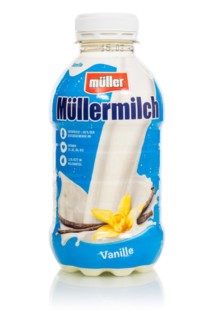 Muller's milk vanilla flavour in a Theo Müller bottle cropped against a white background