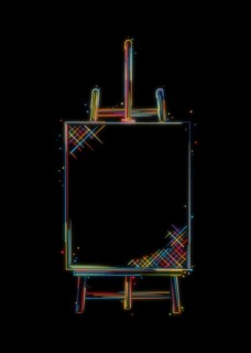 Easel and canvas sketch. Stylized vector drawing in colors over black