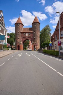Lüdinghauser Tor town gate with Lüdinghauser Strasse in Dülmen, Münsterland, Coesfeld district,
