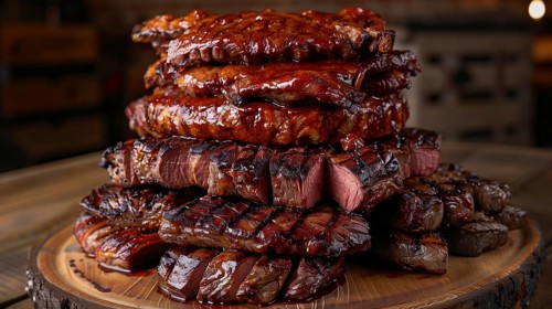 Plate with A stack of several grilled steaks. generative AI, AI generated