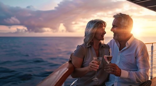Happy senior romantic couple celebrate onboard of luxury cruise ship with glass of wine at sunset,